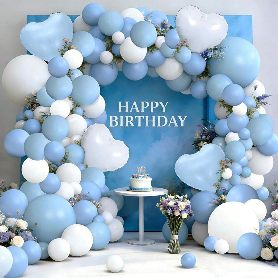 121pcs Grey-Blue And White Balloon Arch Set, Includes Heart-Shaped Foil Balloons And Grey-Blue, Blue, And White Latex Balloons. Perfect For Birthday Parties, Baby Showers, Gender Reveal Events, Wedding Decorations, And Various Other Party Decorations. - View 1