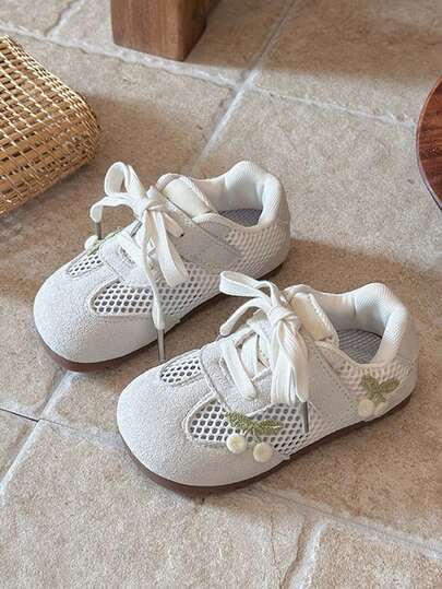 2026 Spring Girls' Cherry Embroidered Mesh Sneakers, Hook And Loop Soft Sole Anti-Slip Breathable Casual Shoes, Toddler & Little Kid Versatile Training Shoes