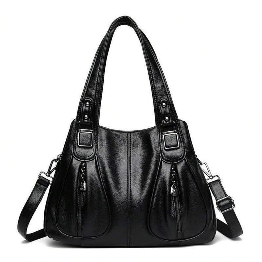 Women's Soft Leather Handbag That Can Be Used As A Shoulder Bag Or Crossbody Bag. Its Design Is Simple, Casual, Elegant And Versatile, Ideal For Middle-Aged Mothers. - 黑色 - 查看 1