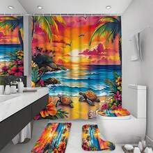 1/4 Piece Bathroom Set, Hibiscus Flower, Seashell, Sea Turtle, Tropical Plants, Ocean, Coastal Blue Green Yellow Pink Shower Curtain, Machine Washable For Summer, Bathroom Use, Includes 12 Hooks, Non-Slip Bath Mat, U-Shaped Toilet Lid Cover - A - View 3