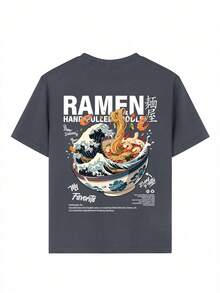 Camiseta infantil com estampa de desenho animado do Kanagawa Ramen, tecido macio e confortável, ideal para esportes ao ar livre, uso diário, estilo urbano e universitário. Uma peça casual e moderna para meninos na primavera e no verão. - Cinza escuro - Ver 8