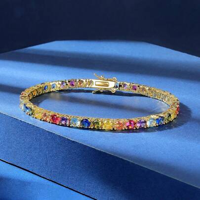 MDFUN 4.0mm Rainbow Cubic Zirconia Tennis Bracelet For Women, 14K Gold Plated 4-Prong Sparkly Stackable Party Bracelet