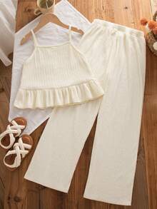 2pcs Girls Casual Solid Color Sleeveless Top With Ruffle Trim And Solid Color Pants Set, Spring/Summer - Apricot - View 2