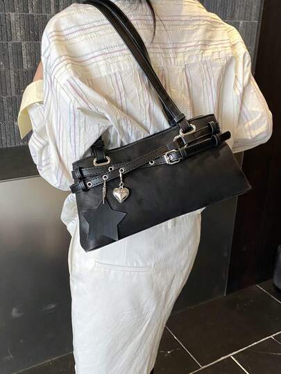 人造革纯色大容量按扣五角星女士单肩包