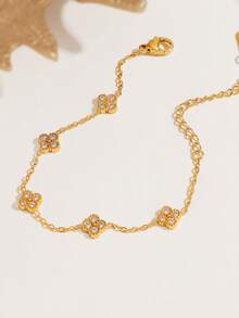 1pc Stainless Steel 18K Gold Plated Clover Bracelet With Diamonds, Elegant & Versatile Jewelry Gift For Women, Mother's Day Present - Five Small Four-leaf Clover White Diamond Bracelet - View 2