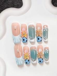 Set de 10 piezas de arte de uñas de estilo de vacaciones en la playa, que incluye kit de uñas de gel, decoración de uñas con flores de 5 pétalos rosadas degradadas pintadas a mano, perlas blancas, patrón de olas sólidas pintado a mano, estampado floral de 5 pétalos blancos, decoraciones de uñas con estampado de leopardo negro, con herramientas para uñas (1 pegatina de gelatina + 1 lima de uñas). Disponible en formas de almendra, pico de pato y ataúd, adecuado para fiestas, uso diario, sesiones de fotos, oficina y un regalo ideal para damas o mujeres jóvenes - Multicolor - Ver 15