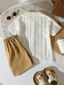2pcs/Set Toddler Boys' Fashionable Casual Polo Collar Mesh Wavy Pattern Short Sleeve Top And Solid Color Shorts Set, Summer - Apricot - View 2