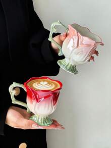 1个郁金香花陶瓷咖啡杯，简约陶瓷茶杯，茶杯，陶瓷杯，水杯，下午茶杯，家用早餐牛奶杯，果汁杯，礼品杯 - 彩色 - 查看 4