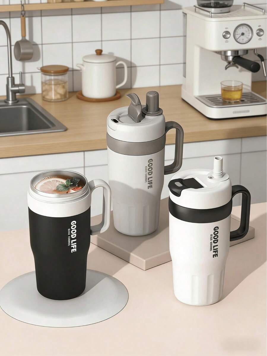 1个25.3盎司不锈钢水瓶，带手柄和吸管盖，可重复使用，双层隔热，旅行杯，冰咖啡杯，保温杯，女士礼物，可盛装冷热饮品 - 彩色 - 查看 1