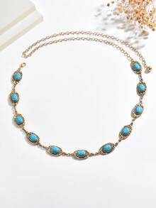 1条复古波西米亚风蓝绿色腰链，适合女性日常佩戴、肚皮舞、派对、宴会等各种场合，也是一份很棒的礼物。 - 藍色 - 查看 4