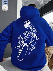 男士藍色棉質上衣，酷炫街頭風摩托車騎士印花設計，寬鬆連帽衛衣，適合春季穿著 - 藍色 - 查看 5