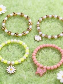 Bộ 4 vòng tay hình bướm, trái tim, mặt cười, đính ngọc trai và hoa cúc, phụ kiện trang sức cho bé gái, quà tặng. - Nhiều màu - Xem 2