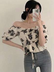 Blusa corta con cuello con volantes, estilo dulce y lindo para mujer, para verano - Albaricoque - Ver 8