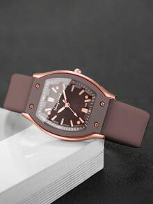 Bộ 2 chiếc đồng hồ nữ bằng silicon với mặt số hình thùng cổ điển thanh lịch và dây đeo thạch anh + dây đeo hình trái tim, không kèm hộp đựng đồng hồ. - màu nâu - Xem 7