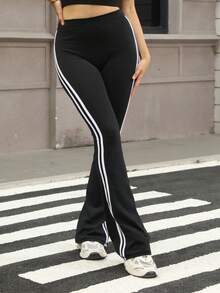 Speed mate 女士侧条纹修身阔腿裤，瑜伽健身喇叭裤 - 黑色 - 查看 2