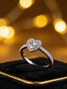 Inel din argint 925 cu diamant în formă de inimă, design brățară complet pavat, bijuterii din argint de nișă de înaltă calitate, inel de logodnă pentru iubită - alb - Vizualizare 10