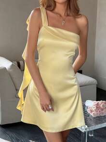 Solid Color Satin Dress With Shoulder Ruffle Tie Waist Design, Feminine Flattering Mini Dress For Dates, Parties, Beach Vacation Elegant Summer - Yellow - View 3