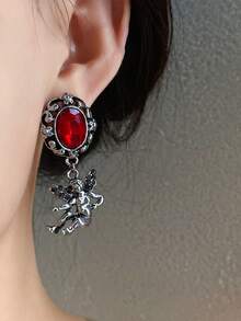 1 Pair Oval Metal & Red Resin Angel Crystal Pendant Earrings, European And American Style Personalized Fashion Long Earrings For Women & Girls, Travel, Wedding, Party, Birthday, Christmas Gift 2026 - Red - View 3