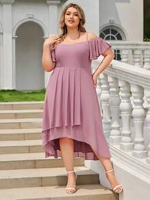 EVERPRETTY Elegant Women's Mid-Length Chiffon Bridesmaid Dress, Spaghetti Strap Cold-Shoulder Ruffle Sleeve Design, Perfect For Weddings And Formal Occasions - Dusty Pink - View 6