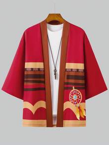 和服式印花七分袖睡袍，红色蝴蝶结宽松轻薄开衫 - 紅色 - 查看 1