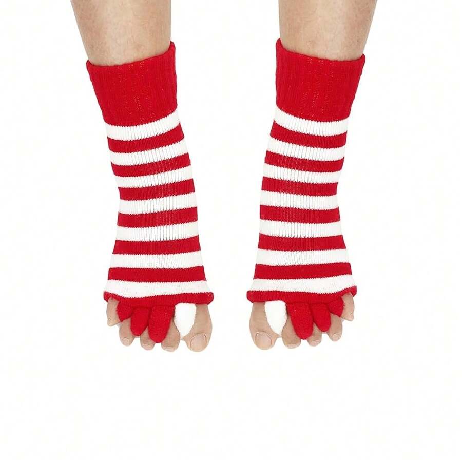 Women Toe Separator Socks Toeless Foot Alignment Socks For Yoga GYM Massage Pain Relief Improves Circulation Stretchy - WhiteRedStripe - View 1
