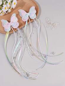 2PCS Gradient Glitter Butterfly Hair Bows For Girls Dreamy Gradient Sequins Bow Hair Clips Macaron Gradient Satin Ribbon Tassels Bow Alligator Clips Elegant Bead Chain Hair Barrettes For Holiday And Party Teens Hair Accessories - Multicolor - View 3