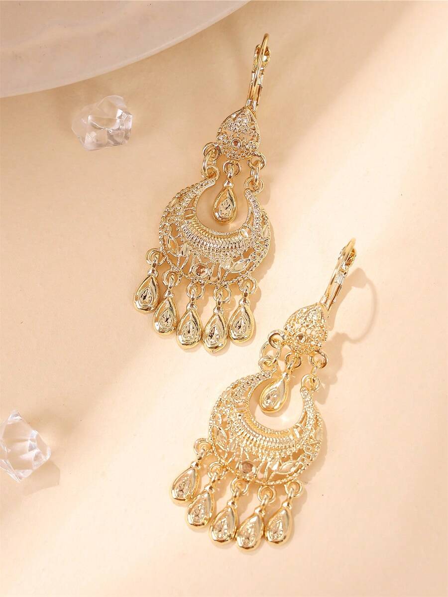 一对镀金女士耳环，精致优雅，中东流行耳环，新娘耳环，奢华复古风格，适合婚礼、晚宴、派对、节日礼物 - 金色 - 查看 1