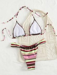 Ensemble de bikini sexy minimaliste chic pour femmes, deux pièces, imprimé rayé, bikini à col ras-du-cou avec liens, pour la plage, les vacances, les sorties, nouvelle arrivée printemps/été - Bande verte de café - Voir 3