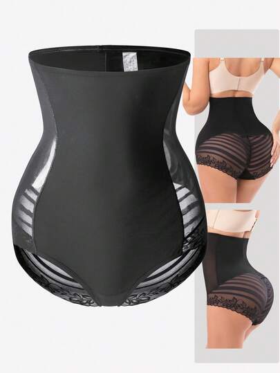 Women's Fashionable Sexy Lace Mesh Breathable High Waist Postpartum Slimming Panties, Tummy Control Shapewear Underwear, Anti-Roll Up Lift Butt Leggings For Postpartum