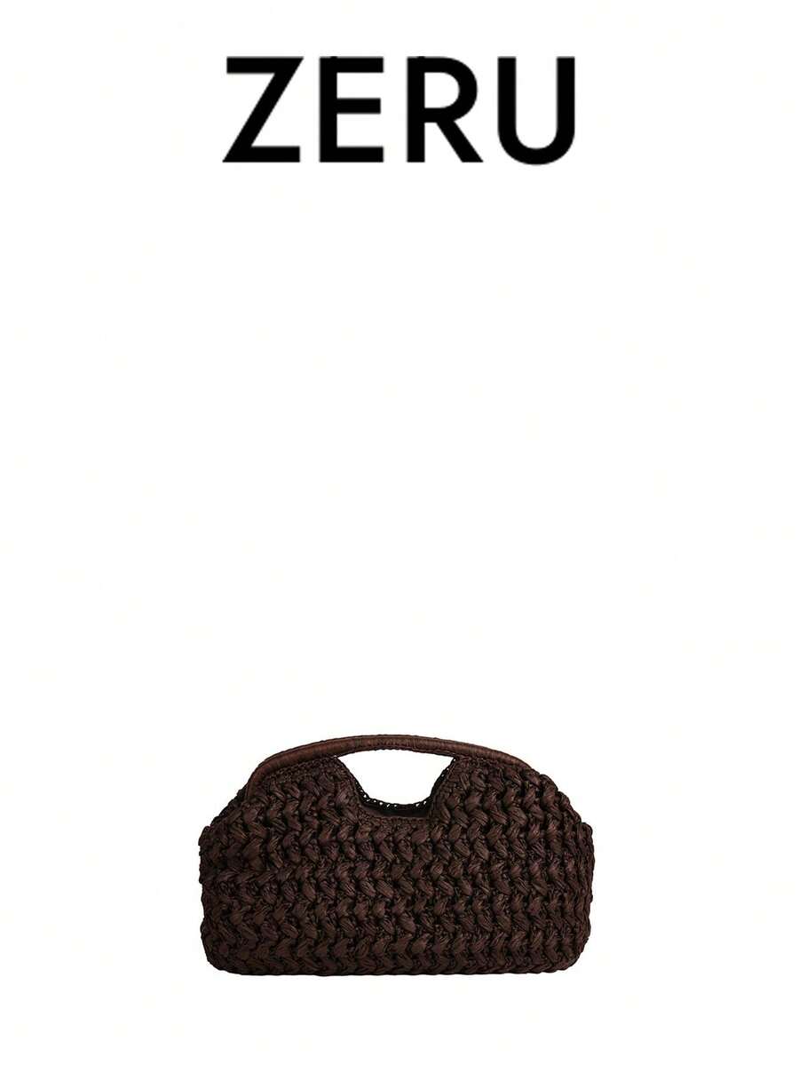 小众编织镂空设计手提包，大容量沙滩度假手提包，高品质时尚沙滩度假手提包 - 咖啡 - 查看 1