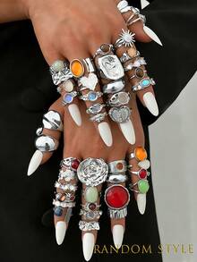 20/13/6件套复古优雅波西米亚风女士不规则褶皱彩色宝石、猫眼石、向日葵、心形组合金属戒指套装，适合日常、派对、婚礼、节日、情人节、约会佩戴（随机发货） - 銀色 - 查看 1