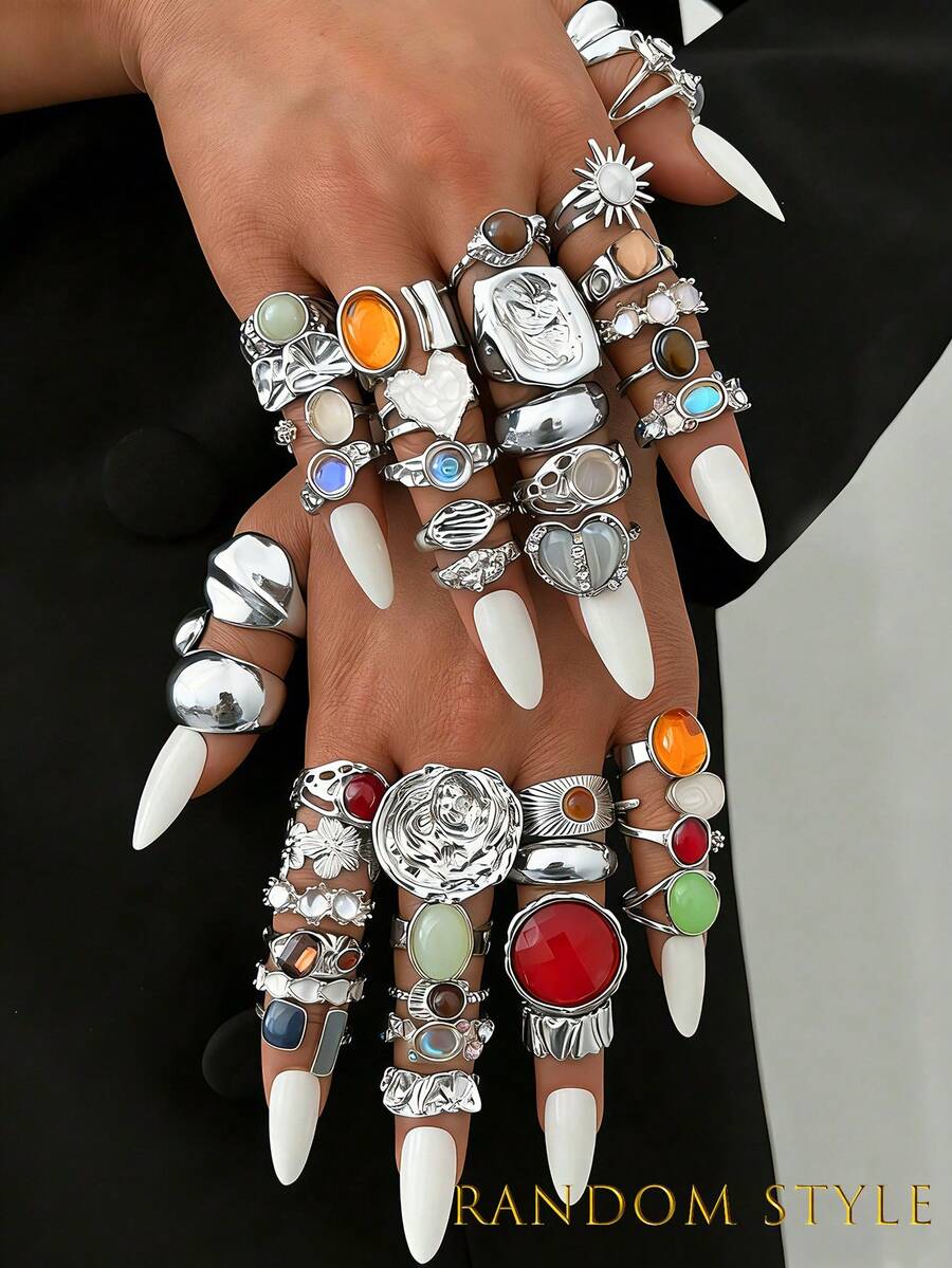 20/13/6件套复古优雅波西米亚风女士不规则褶皱彩色宝石、猫眼石、向日葵、心形组合金属戒指套装，适合日常、派对、婚礼、节日、情人节、约会佩戴（随机发货） - 銀色 - 查看 1