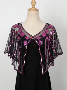 1pc Summer Lightweight Sequin Lace Shrug, Thin Beaded Shawl For Evening Gown - Multicolor - View 8