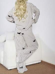 Nina Bonheur Bộ đồ ngủ nữ 2 món gồm áo dài tay và quần dài, rộng rãi, thoải mái và thoáng khí. - Đen và trắng - Xem 4