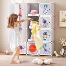 COSTWAY Portable Children Wardrobe With 12 Cubes And 2 Clothes Hanging Section, White - White - View 3