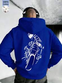 男士藍色棉質上衣，酷炫街頭風摩托車騎士印花設計，寬鬆連帽衛衣，適合春季穿著 - 藍色 - 查看 4