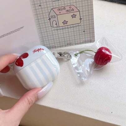 蓝色韩版条纹樱桃图案 Pro 2 保护壳，Pro 3 保护套，适用于新款苹果耳机（第一代/第二代），简约设计，女士第四代耳机保护套