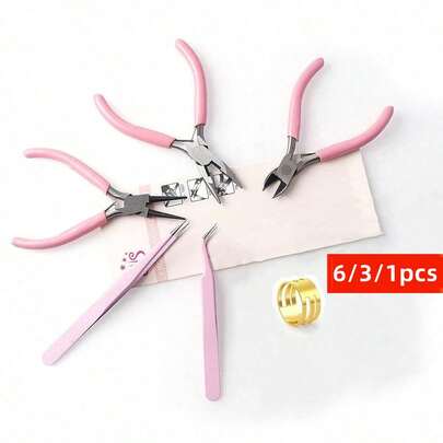6pcs/3pcs/1pc DIY Pink Tool Set: 3 Pink Pliers, 2 Pink Tweezers, 1 Ring,For Crafting And Repairing Various Jewelry Accessories