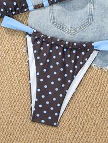 Bộ bikini 2 món chấm bi gợi cảm, hở lưng, đính hạt và viền tương phản dành cho nữ, thích hợp cho kỳ nghỉ, bãi biển, mùa xuân/hè, màu xanh dương và kaki. - Cà phê nâu - Xem 6