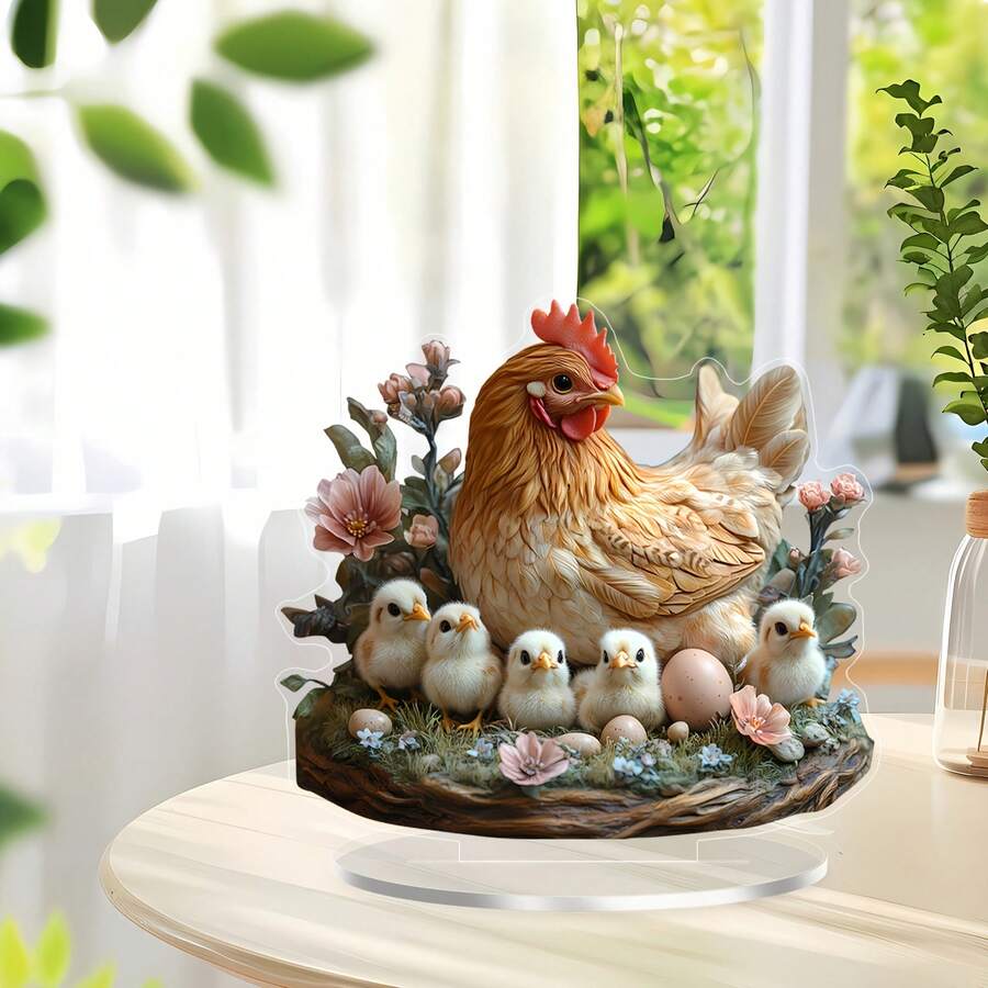 2D Acryl Figur einer Glucke, die ihre Küken beschützt, Tierdekoration, Heimdekoration zum Muttertag - 1PC - Übersicht 1