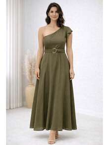 Elegant One-Shoulder Viscose Linen Long Dress For Parties - Olive Green - View 1