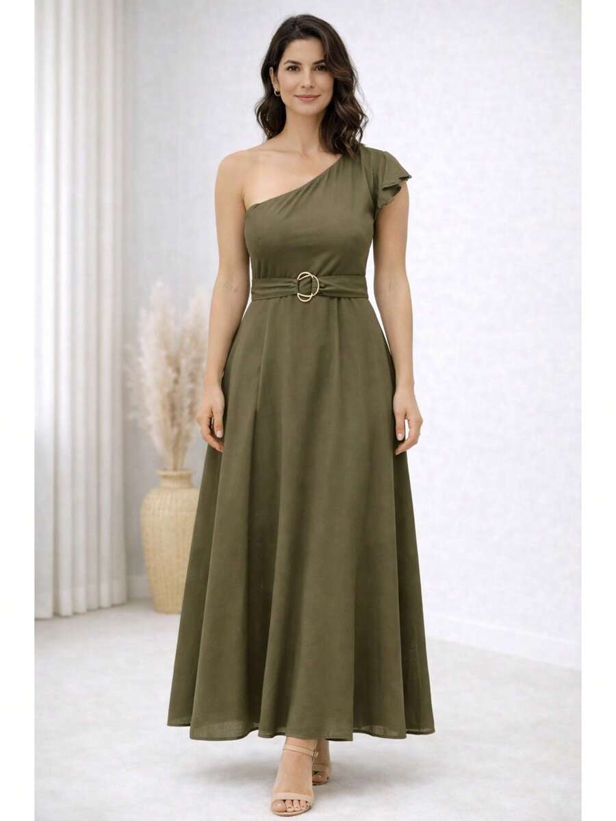 Elegant One-Shoulder Viscose Linen Long Dress For Parties - Olive Green - View 1