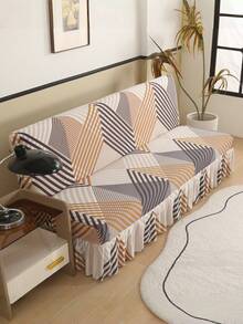 1pc Geometric Pattern Skirt Style Sofa Bed Cover Without Armrests, Polyester Fiber Sofa Cover, Suitable For All Seasons, Simple And Modern - Apricot - View 6