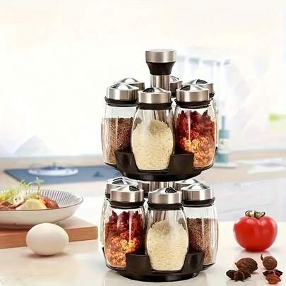 1 Set Rotating Spice Rack With 12 Glass Jars, Multifunctional Spice Organizer For Countertop Or Cabinet, Includes Rotating Spice Rack (Spices And Labels Not Included)
