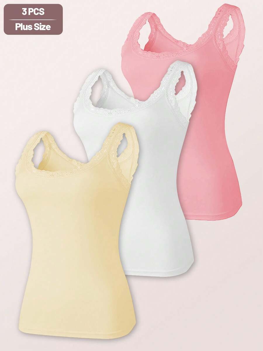 3pcs/Set Plus Size Women Lace Trim Decor Round Neck Sleeveless Camisole Patchwork Vest Tank Top - Multicolor - View 1