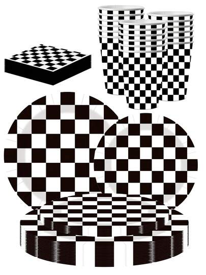 Bộ 10 món trang trí tiệc sinh nhật chủ đề xe đua, đĩa và khăn ăn/ly kẻ caro đen trắng, phục vụ 10 người.