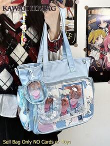 新款日系学院风尼龙单肩包，女款，带小圆钱包，透明窗口，可放置玩偶，侧袋痛包，大学生大号斜挎包，带徽章展示牌，手提包，书包 - 藍色 - 查看 3