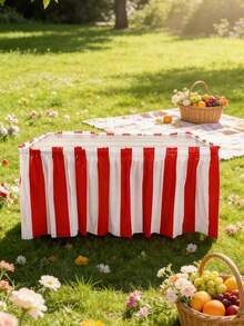 1 Set Red & White Striped Table Skirt, Circus Theme Party Table Skirt, Carnival Party Decor, Birthday Party Table Skirt, 168 Inch Carnival Theme Party Decoration Set, Carnival Table Skirt, Red & White Striped Tablecloth, Red & White Striped Pennant Flags, Circus Carnival Banner, Suitable For Carnival, Circus Decoration And Display - Multicolor - 查看 4