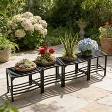 4-Piece Metal Backless Storage Bench Set, Weather-Resistant Curved Outdoor Bench & Plant Stand, Black - A - View 6