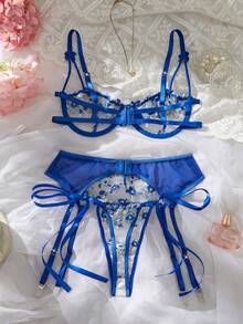 French Luxury Blue Floral Embroidery Lingerie Set, Sexy Garter Suspender Intimate Apparel - Blue - View 3